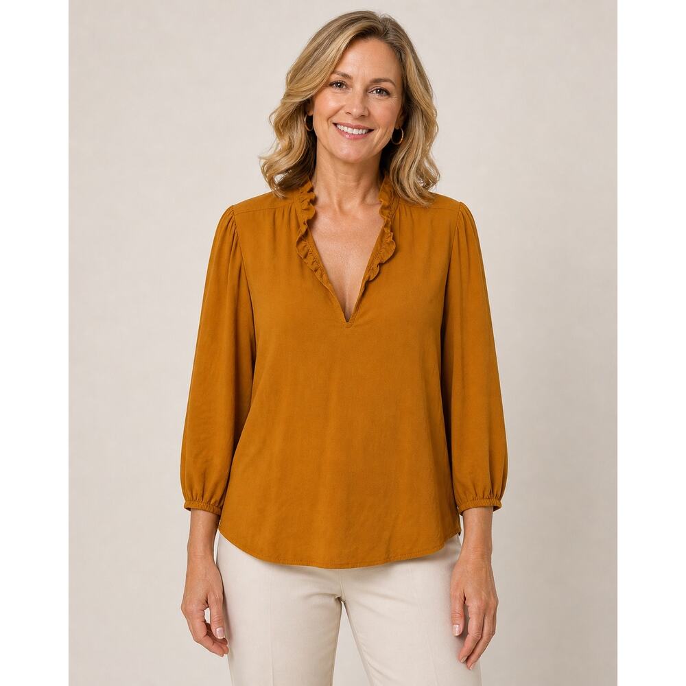 Eloquii Ruffle V neck Top Size 14 Goldenrod Viscose 3/4 Sleeve Pullover